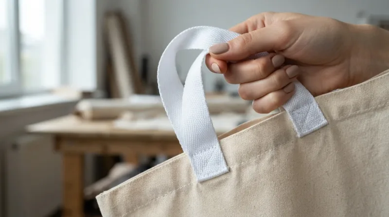 Quai túi vải canvas may bằng dây đai polyester mềm màu trắng