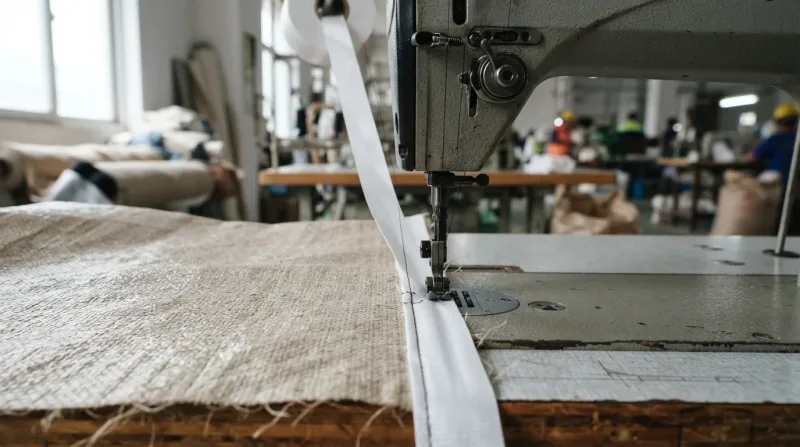 Dây tape PP trắng đang được may viền miệng bao dệt PP trên máy may công nghiệp