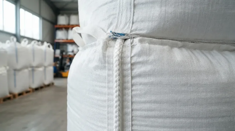 Dây chống xì polyester trên đường may bao jumbo trong kho
