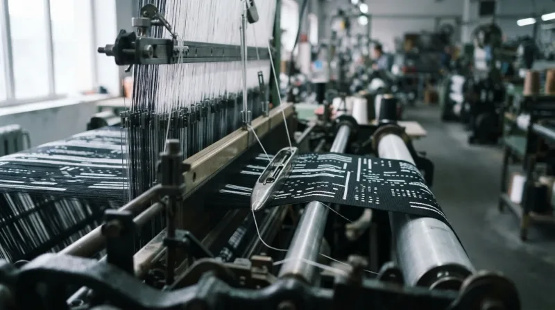 Khung dệt jacquard đang dệt dây đai chữ trắng nền đen